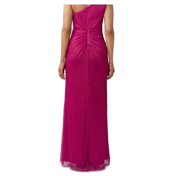 ADRIANNA PAPELL Magenta One Shoulder Shimmer Metallic Gown Twist NWT $248 - Picture 5 of 6